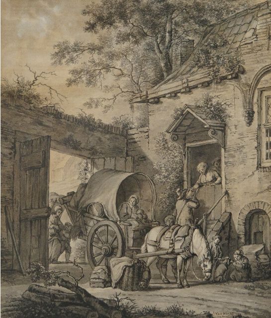 Strij A. van | Haltestelle vor einer Herberge, Federzeichnung 33,5 x 28,5 cm, gesigneerd r.o.