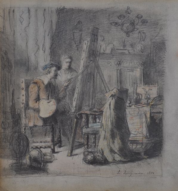 Lingeman L.  | Maler in seiner Werkstatt (möglich Rembrandt), Bleistift und Kreide auf Papier 22,4 x 20,8 cm, Unterzeichnet u.r. und datiert 1852