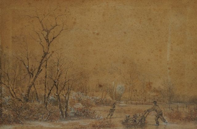 Frans Breuhaus de Groot | Landschaft mit Schlittschuhläufern, Pinsel und Ausziehtusche und Aquarell auf Papier, 19,2 x 28,9 cm, Unterzeichnet u.l. mit Initialen