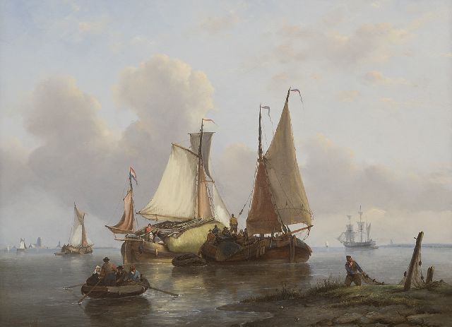 George Willem Opdenhoff | Segelnde Frachtschiffe bei ruhigem Wetter, Öl auf Tafel, 38,8 x 53,1 cm, Unterzeichnet u.l.