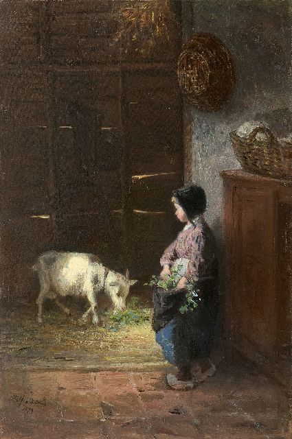 Jozef Israëls | Das Geisslein füttern, Öl auf Holz, 50,0 x 33,6 cm, Unterzeichnet u.l. und datiert 1879