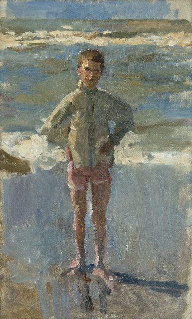 Isaac Israels | Knabe auf dem Strand in Scheveningen, Öl auf Leinwand, 50,0 x 30,0 cm, Unterzeichnet auf dem Keilrahmen und zu datieren 1895-1905