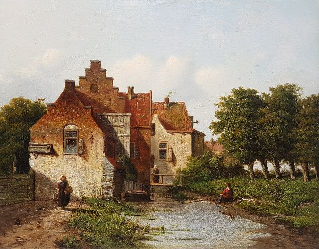 D. Pols | Kleiner Dorfkanal mit einem Angler, Öl auf Holz, 20,4 x 26,4 cm, Unterzeichnet u.r.