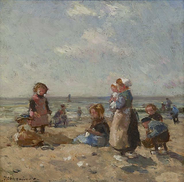 Johannes Evert Akkeringa | Kinder spielen am Strand von Scheveningen, Öl auf Holz, 16,3 x 16,8 cm, Unterzeichnet u.l.