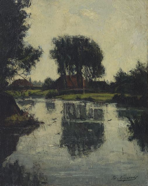 Piet van Wijngaerdt | Bauernhof mit Bäumen am Wasser, Öl auf Leinwand, 35,0 x 28,0 cm, Unterzeichnet u.r. und zu datieren um 1908-1909