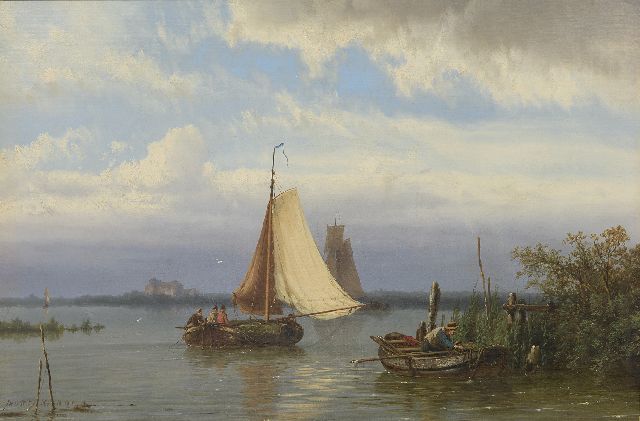 Koekkoek J.H.B.  | Schiffe auf einem Fluss bei ruhigem Wetter, Öl auf Leinwand 31,4 x 47,3 cm, Unterzeichnet u.l.
