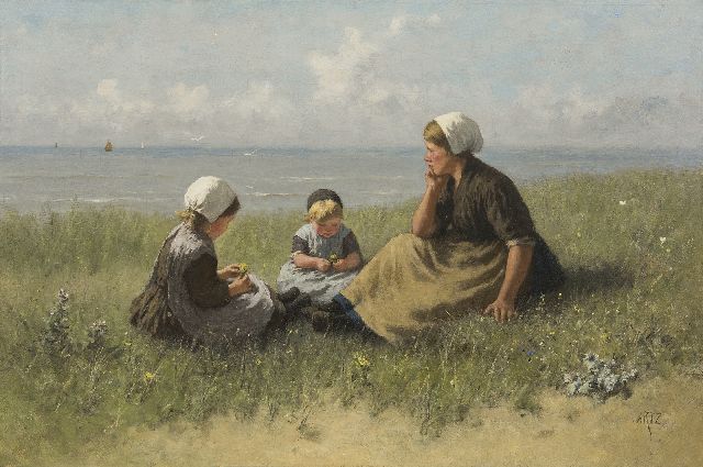 David Artz | Fischerfrau mit ihren Kindern in den Dünen, Öl auf Leinwand, 60,3 x 90,2 cm, Unterzeichnet u.r.