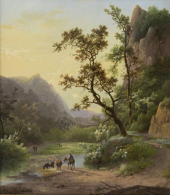 Marinus Adrianus Koekkoek I | Reisende in einem Flusstal, Öl auf Leinwand, 23,2 x 20,5 cm