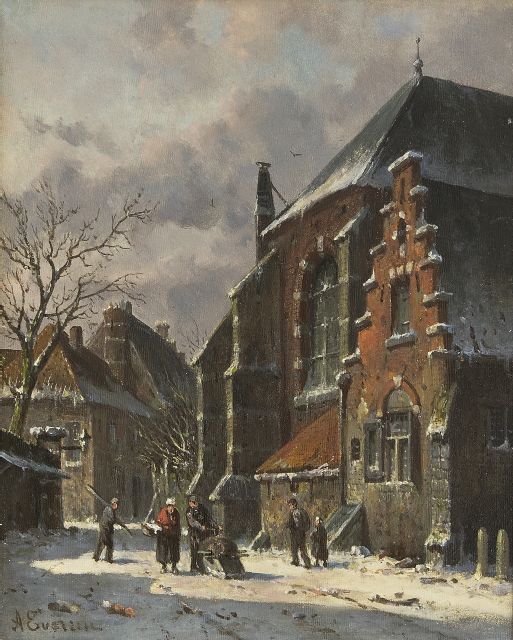 Adrianus Eversen | Winterliche Stadtansicht mit Figuren, Öl auf Holz, 25,0 x 19,5 cm, Unterzeichnet u.l.
