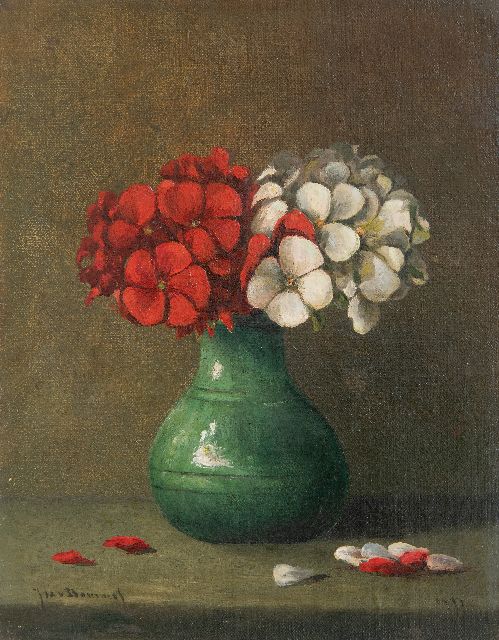 Jacobus Marinus van Bommel | Flammenblumen in einer Vase, Öl auf Leinwand auf Holz, 23,0 x 18,1 cm, Unterzeichnet u.l. und datiert 1917