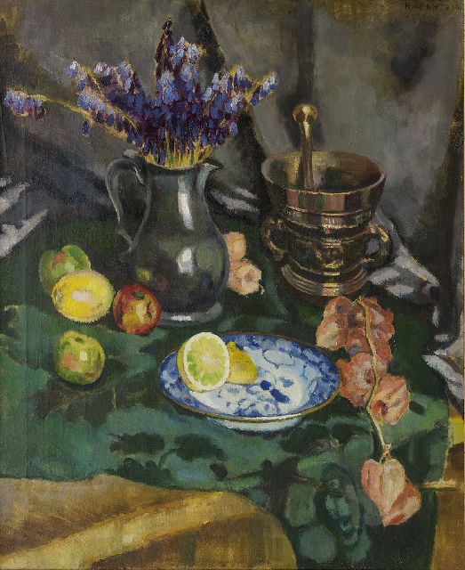 Santen A.J. van | Stilleben mit Blumen, Zitronen und Mörser, Öl auf Leinwand 62,0 x 75,0 cm, Unterzeichnet o.r.