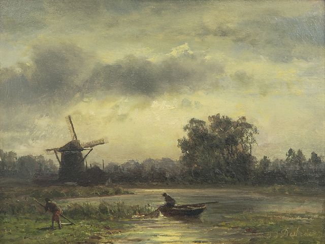 Destrée J.J.  | Landschaft mit mähendem Bauern und Fischer bei einer Mühle, Öl auf Holz 14,2 x 18,6 cm, Unterzeichnet u.r.