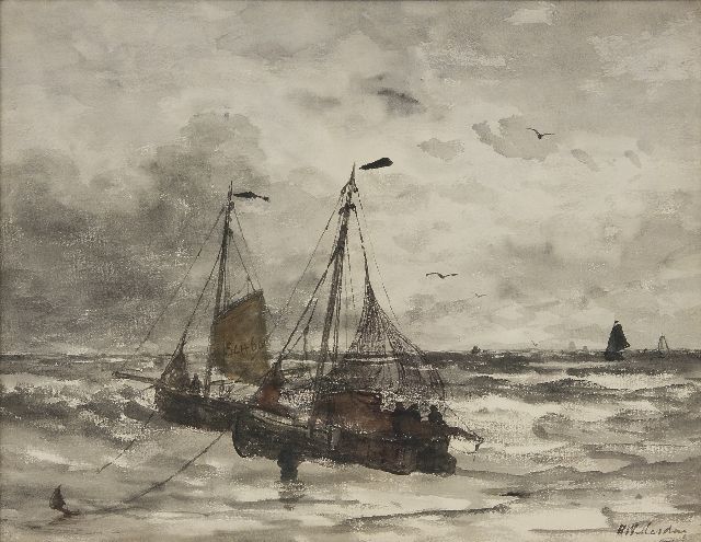 Hendrik Willem Mesdag | Fischerboote vor Anker in der Brandung, Aquarell auf Papier, 45,0 x 57,7 cm, Unterzeichnet u.r.