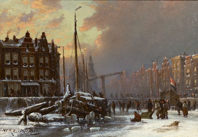 Eickelberg W.H.  | Vergnügen auf dem Eis auf Amsterdamer Gracht, Öl auf Tafel 26,8 x 38,2 cm, Unterzeichnet u.l. und zu datieren nach 1904