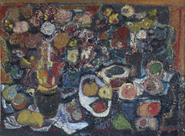 Min J.  | Stilleben mit Obst und Blumen, Öl auf Leinwand 75,0 x 100,0 cm, Unterzeichnet r.u.