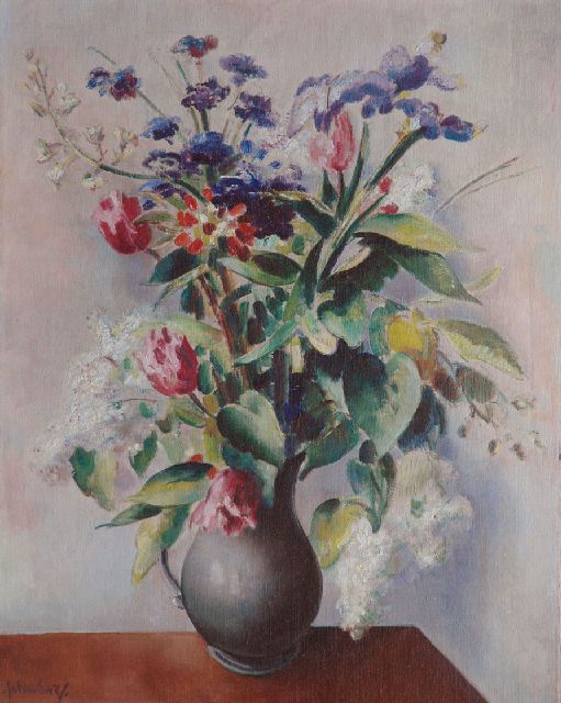 Schwarz S.  | Sommerblumen; im Verso: Mädchen mit Spielzeughund, Öl auf Leinwand 82,7 x 64,8 cm, Unterzeichnet u.l.