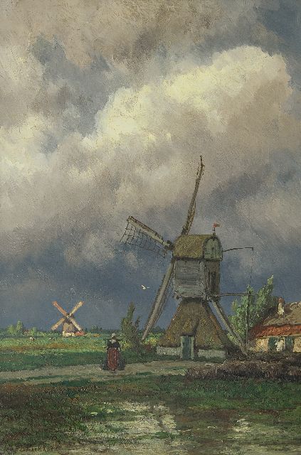 Koekkoek J.H.B.  | Mühlen im Polder bei Kortenhoef, Öl auf Holz 49,5 x 33,0 cm, Unterzeichnet l.u.