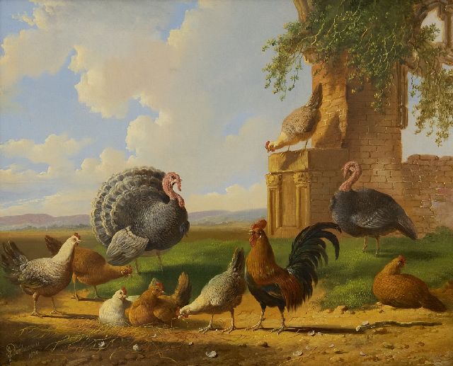Albertus Verhoesen | Truthühner und Federvieh in einer Landschaft, Öl auf Holz, 30,5 x 37,6 cm, Unterzeichnet l.u. und datiert 1870