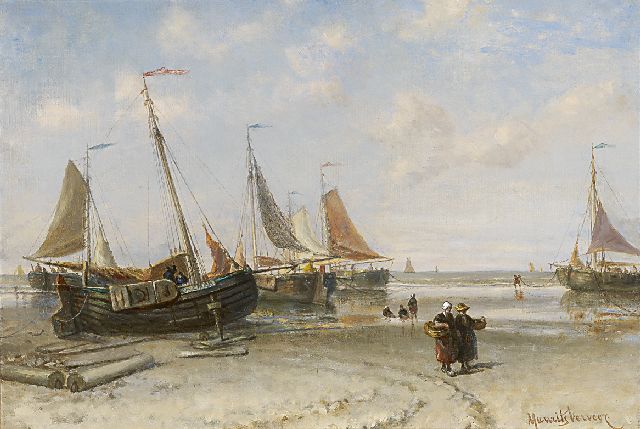 Maurits Verveer | Fischerfrauen bei Barken an der Strandlinie, Öl auf Leinwand, 38,8 x 54,9 cm, Unterzeichnet r.u. und im Verso