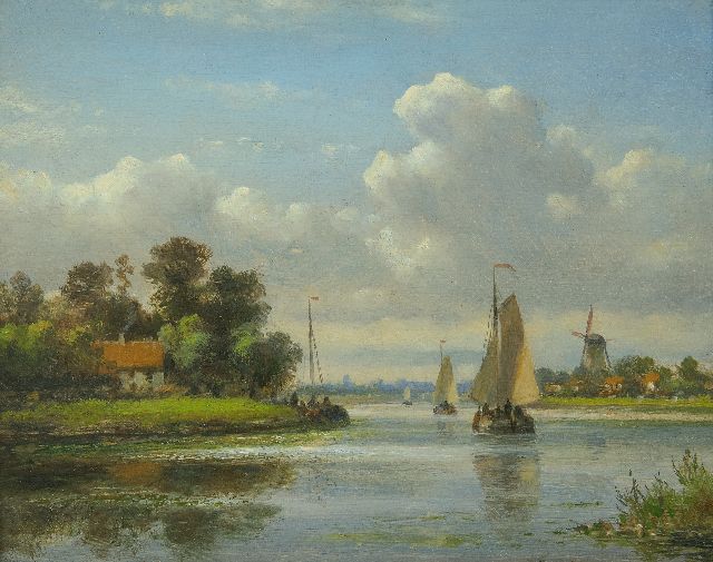 Kleijn L.J.  | Sommerliche Flussansicht mit Segelschiffen, Öl auf Holz 16,9 x 20,9 cm