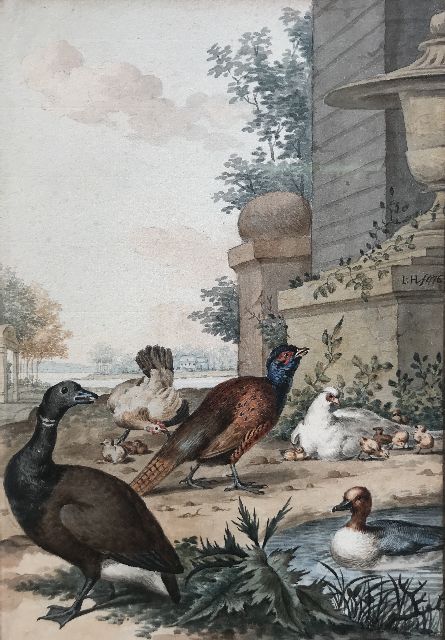 Jabez Heenck | Exotische Ente und andere Vögel in einer Parklandschaft, Aquarell auf Papier, 26,5 x 18,1 cm, Unterzeichnet M.r. mit Monogramm und datiert 1776
