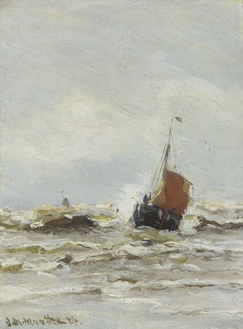 Morgenstjerne Munthe | Fischerboot in der Brandung, Öl auf Malereifaser, 20,0 x 15,0 cm, Unterzeichnet u.l. und datiert '24