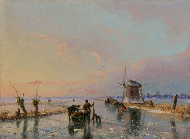Nicolaas Roosenboom | Skaters and a sledge in an extensive winter landscape, Öl auf Holz, 16,3 x 21,9 cm
