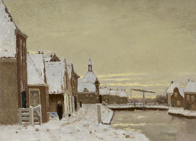 Victor Bauffe | Winterliche Aussicht auf Leidschendam mit Zugbrücke, Öl auf Leinwand, 25,3 x 35,7 cm, Unterzeichnet r.u.