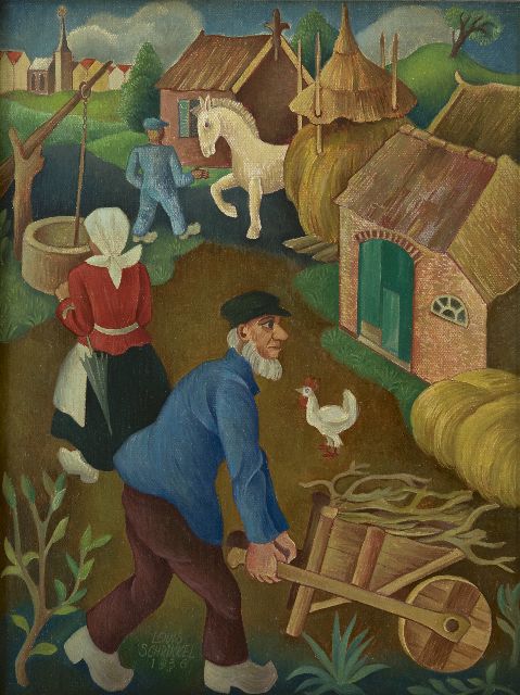 Louis Schrikkel | Geschäftigkeit auf dem Bauernhof, Öl auf Leinwand auf Holz, 35,5 x 27,1 cm, Unterzeichnet l.u. und datiert 1936