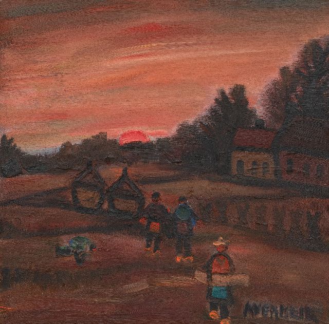 Alfons Vermeir | Landschaft mit Bauern, Öl auf Malereifaser, 60,0 x 60,0 cm, Unterzeichnet r.u.