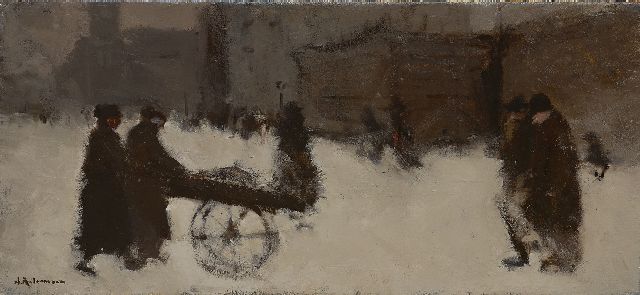 Jan Rijlaarsdam | Schubkarre und Figuren im Schnee, Öl auf Leinwand, 30,4 x 60,8 cm, Unterzeichnet u.l.