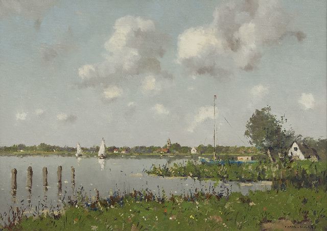 Bruynesteyn N.  | Segelboote in sommerlicher Flusslandschaft, Öl auf Leinwand 51,0 x 70,7 cm, Unterzeichnet u.r. mit Pseudonym 'Pieter van Noort und zu datieren um 1940