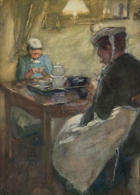 Adriani-Hovy E.M.H.  | Dienstmädchen bei der Nadelarbeit im Lampenlicht, Pastell auf Papier 49,4 x 38,7 cm, Unterzeichnet l.u. und datiert '94