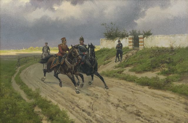 Hermanus Willem Koekkoek | Berittene preussische Kavaleristen, Öl auf Leinwand, 40,3 x 60,4 cm, Unterzeichnet u.r. und zu datieren 1890