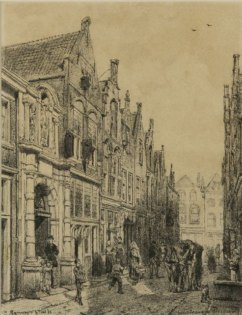Cornelis Springer | Die Vriesestrasse in Dordrecht mit dem Eingang der Gemeindeschule, Holzkohle  auf Papier, 50,7 x 39,6 cm, Unterzeichnet u.l. und datiert 1 Nov. '82