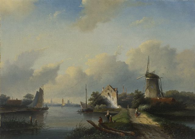 Jan Jacob Spohler | Sommerlandschaft mit Figuren an einem Kanal, Öl auf Leinwand, 56,6 x 78,4 cm, Unterzeichnet u.l.