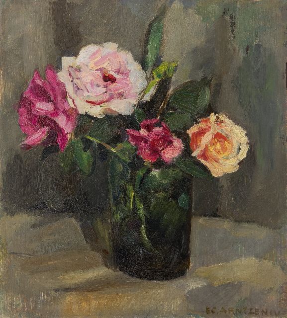 Elise Arntzenius | Rosen in einer grünen Glasvase, Öl auf Holz, 25,9 x 24,0 cm, Unterzeichnet u.r.