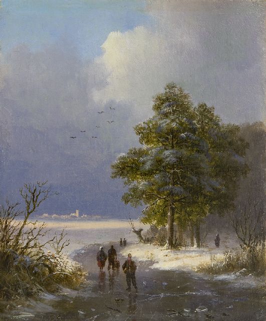 Johann Bernard Klombeck | Winterlandschaft bei Kleve mit Schlittschuhläufern, Öl auf Holz, 16,4 x 13,5 cm, Unterzeichnet u.l. und datiert 1842