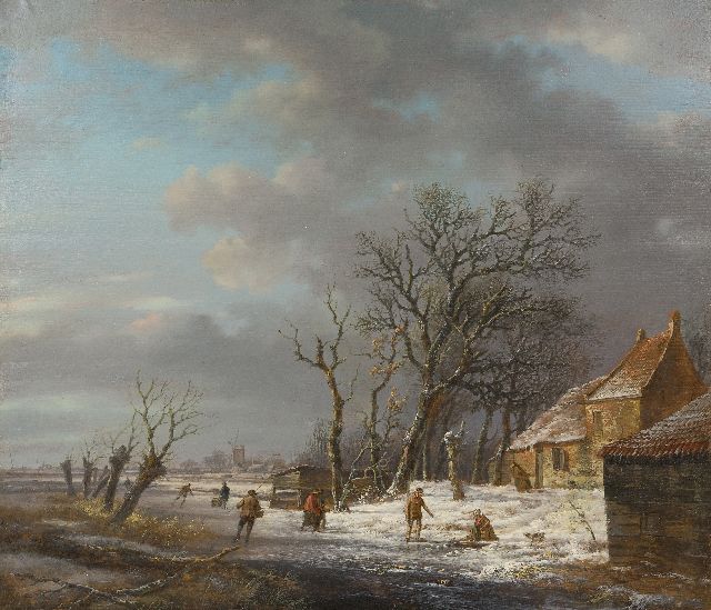 Andreas Schelfhout | Winterlandschaft mit Schlittschuhläufern und einer Wäscherin auf dem Eis, Öl auf Holz, 37,0 x 43,1 cm, Unterzeichnet u.l. und zu datieren um 1820