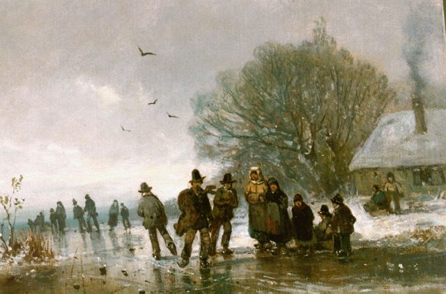 Adolf Stademann | Skaters on a frozen waterway, Öl auf Leinwand auf Holz, 33,5 x 46,2 cm, signed l.l.