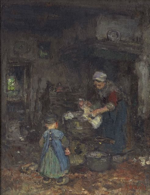 Arthur Briët | Bauerninteriör mit Mutter und Kind, Öl auf Holzfaser auf Tafel, 29,1 x 22,6 cm, Unterzeichnet u.r.