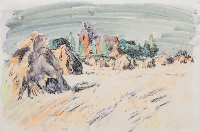 Jan Altink | Sommerlandschaft mit der Kirche von Oostum, Kreide und Aquarell auf Papier, 41,2 x 59,7 cm