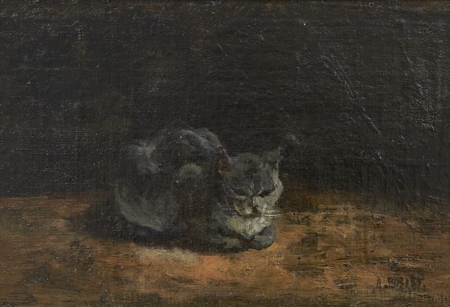 Arthur Briët | Schlafende graue Katze, Öl auf Leinwand auf Holz, 13,0 x 20,8 cm, Unterzeichnet u.r.