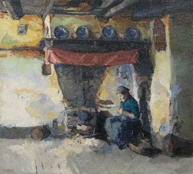 'Emanuël' Samson van Beever | Eine Bäuerin die Kartoffeln schält am Herd, Öl auf Leinwand, 42,4 x 47,4 cm, Unterzeichnet u.l. und ohne Rahmen