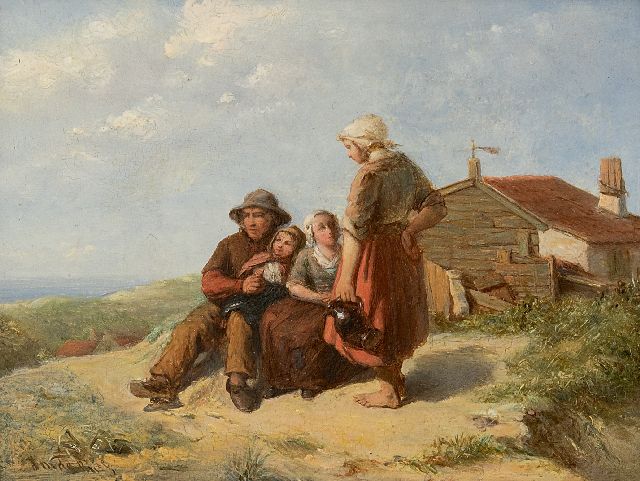 Johannes de Bus | Fischerfamilie in den Dünen, Öl auf Holz, 12,7 x 16,6 cm, Unterzeichnet u.l.