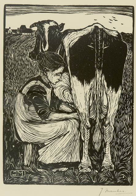 Jan Mankes | Bäuerin die eine Kuh melkt, Holzstich auf Papier, 22,0 x 16,0 cm, Unterzeichnet u.r. (in Bleistift) und zum datieren 1914