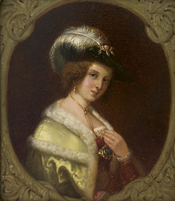 Antonie Waldorp | Porträt einer Frau in reicher Aufmachung, Öl auf Holz, 19,0 x 16,2 cm, Unterzeichnet u.r. mit Initialen