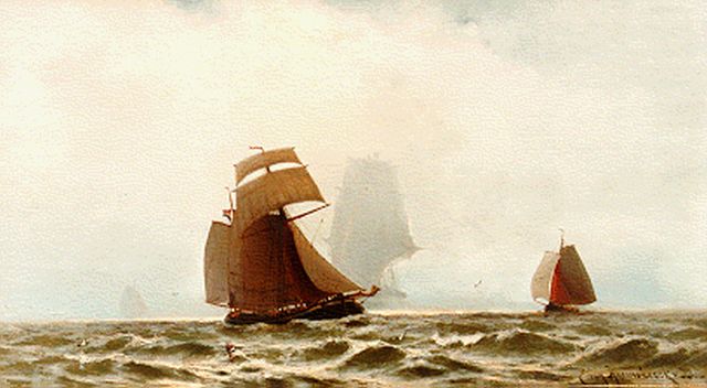 Jacob Eduard van Heemskerck van Beest | Flatboats offshore, Öl auf Holz, 41,5 x 74,8 cm, signed l.r.