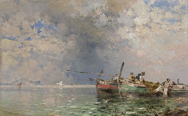 Franz Richard Unterberger | Fischer in der Bai von Palermo, Öl auf Holz, 30,0 x 60,2 cm, Unterzeichnet u.l.