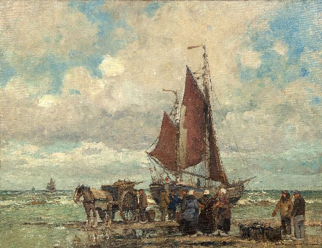 Hambüchen W.  | 'Bomschiff' und Fischer auf dem Strand von Katwijk, Öl auf Leinwand 60,2 x 80,4 cm, Unterzeichnet u.r. und ohne Rahmen